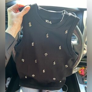 FCT basic ribbed Black rhinestone money signs & diamonds tank nwt